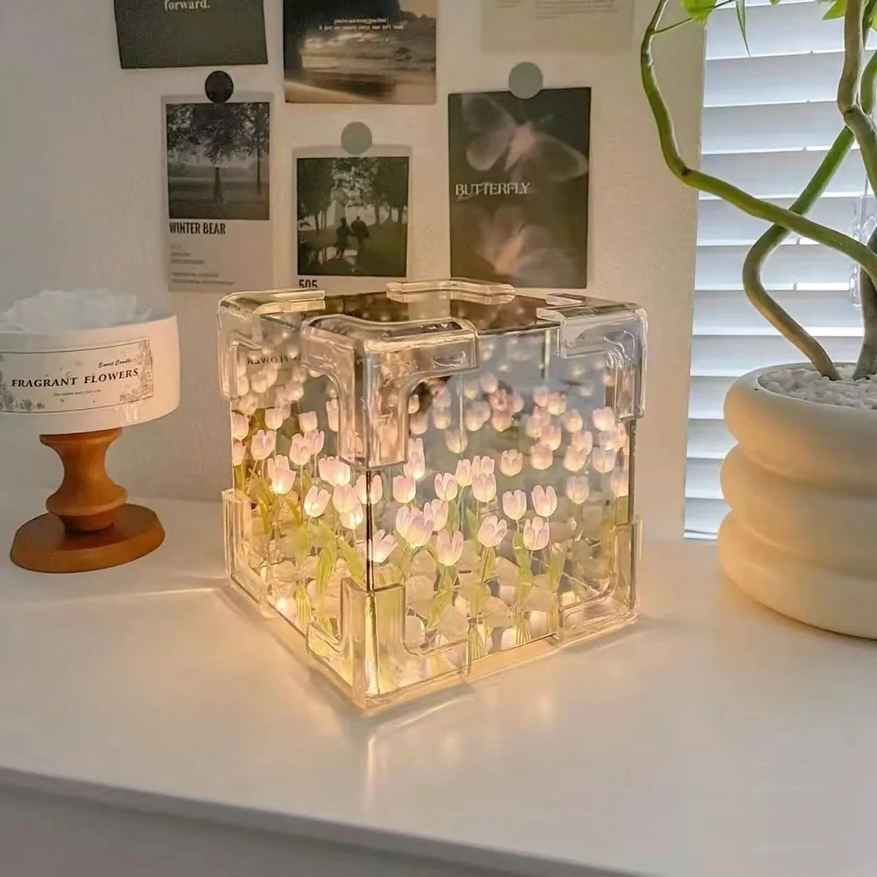 DIY Mirror Tulip Lamp, Night Cube, Three-Dimensional Flower Night Light, Handmade Atmosphere Light, Home Decor, Gift Ornaments