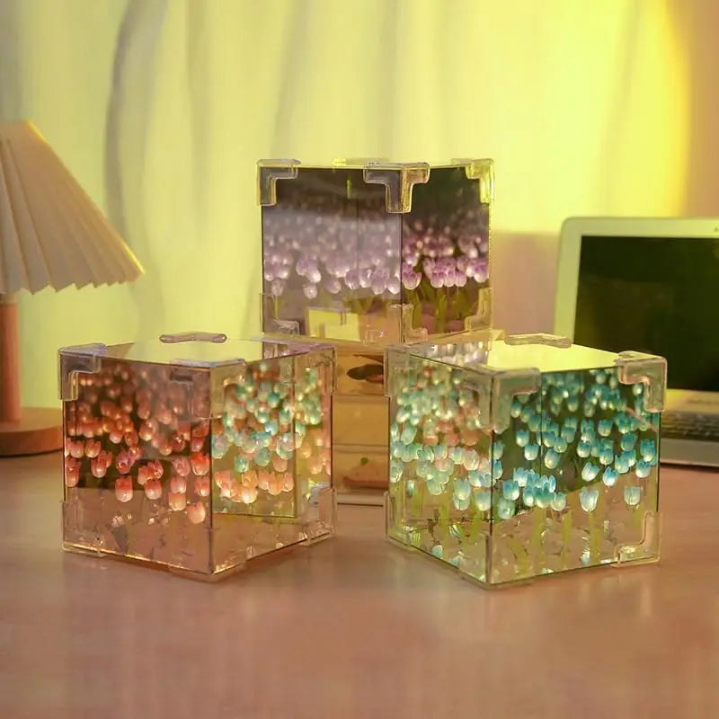 DIY Mirror Tulip Lamp, Night Cube, Three-Dimensional Flower Night Light, Handmade Atmosphere Light, Home Decor, Gift Ornaments