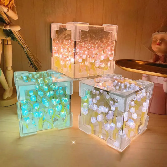 Tulip Nightlight Handmade Diy Material Cube Tulip Mirror Bedroom Decor Atmosphere Lamp Valentine's Day Birthday Gift